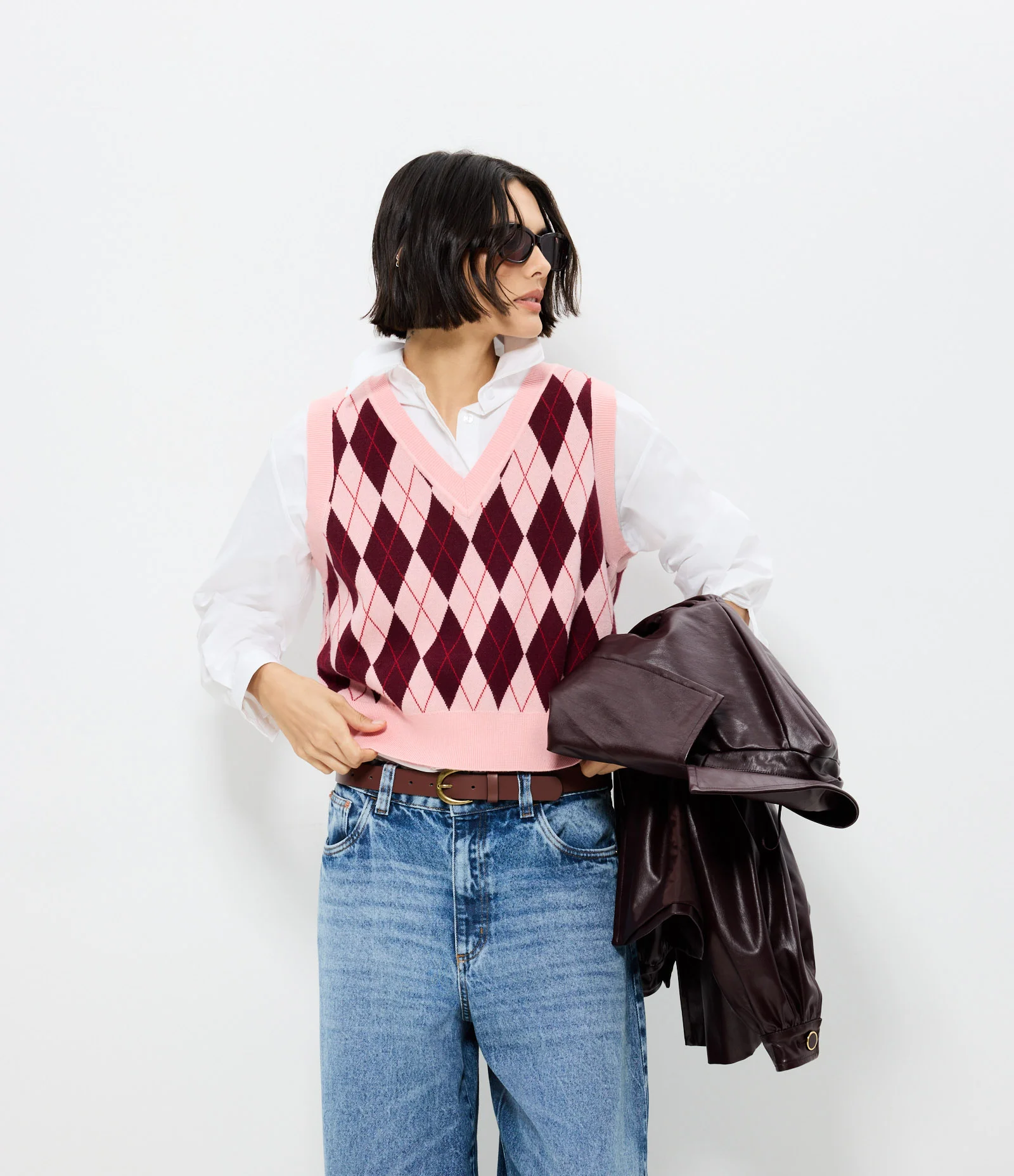Colete Curto em Tricô com Estampa Xadrez Rosa 1