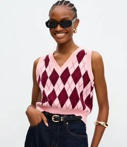 Colete Curto em Tricô com Estampa Xadrez