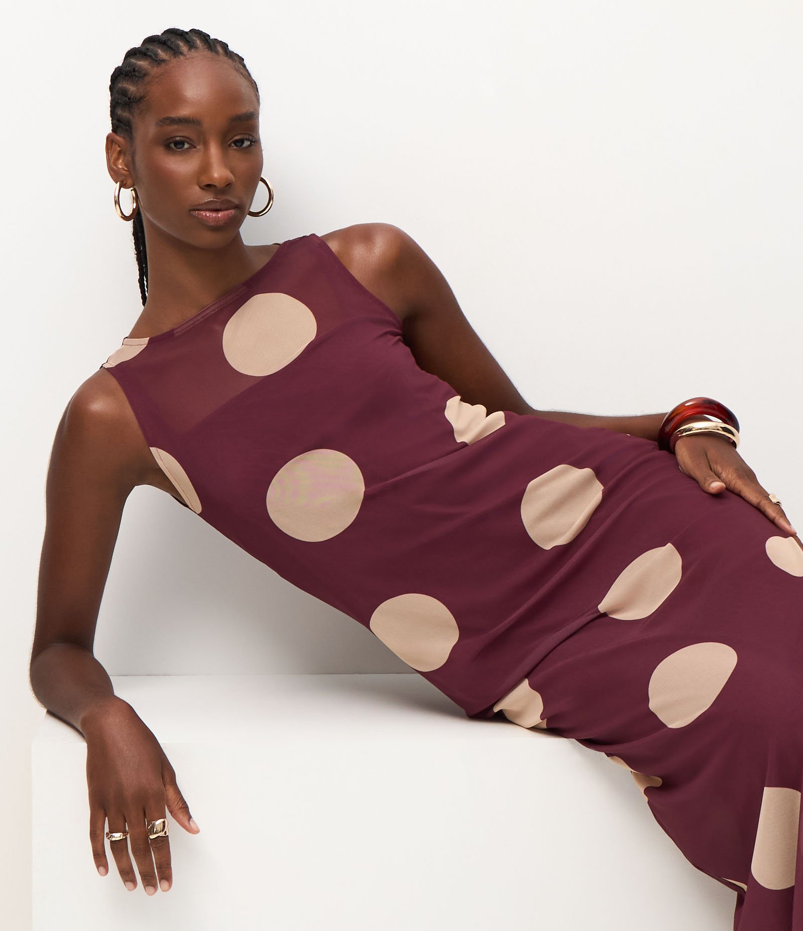 Vestido Midi em Tule com Estampa Poá Grande Bordô 3