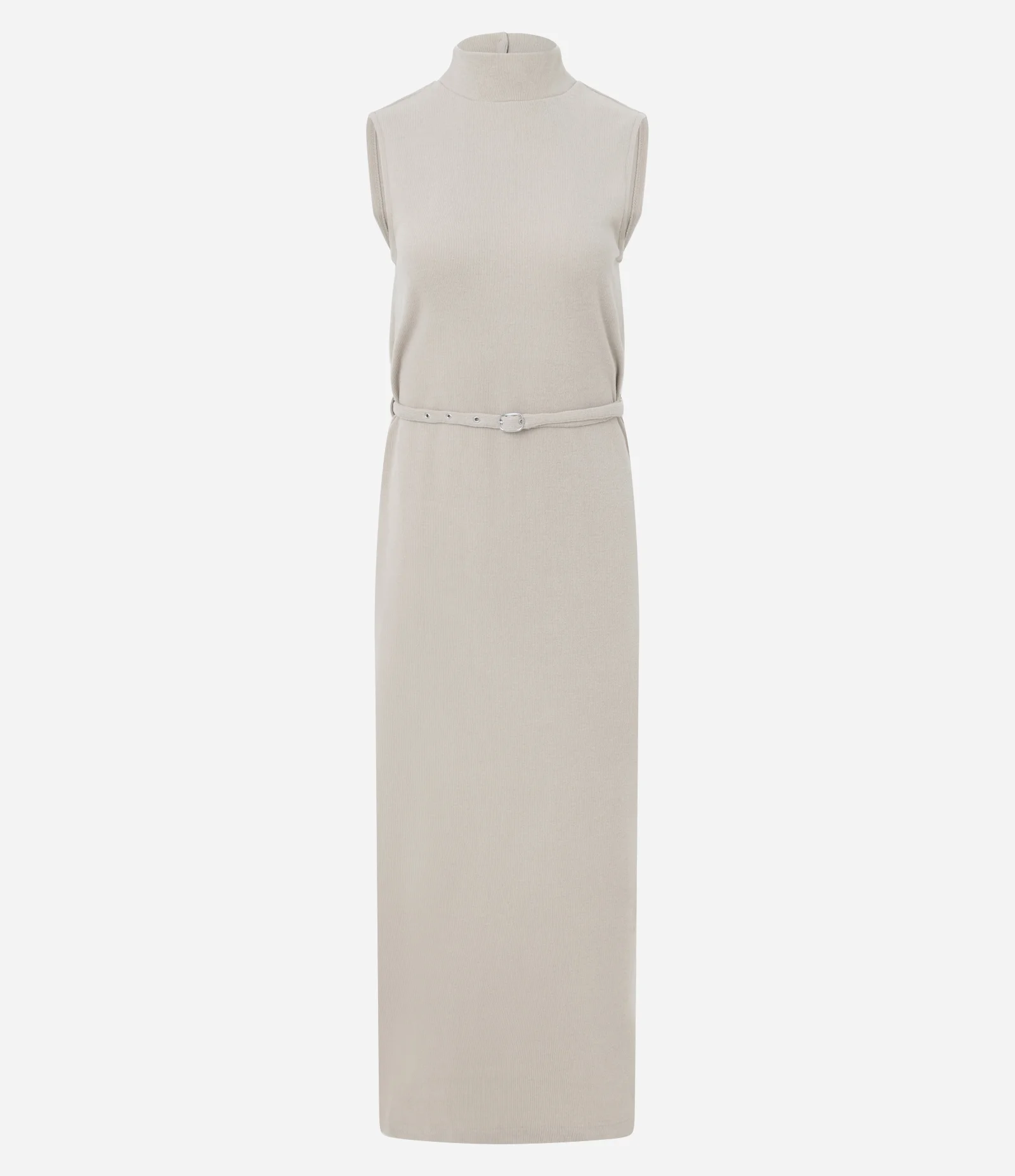 Vestido Longo em Ribana com Gola Alta e Cinto Fino Bege 2