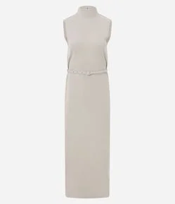 Vestido Longo em Ribana com Gola Alta e Cinto Fino