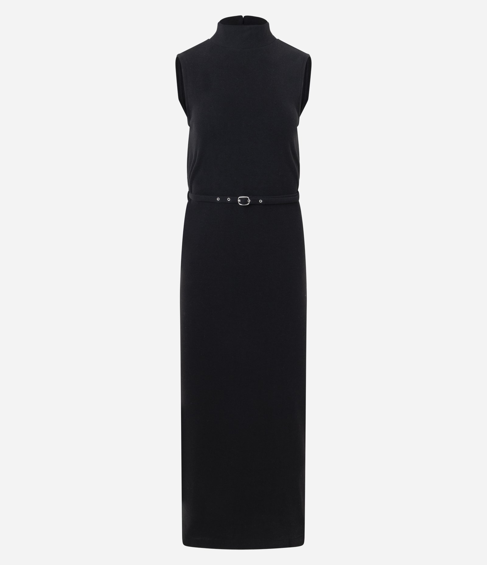 Vestido Longo em Ribana com Gola Alta e Cinto Fino Preto 1