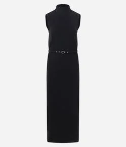 Vestido Longo em Ribana com Gola Alta e Cinto Fino