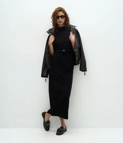 Vestido Longo em Ribana com Gola Alta e Cinto Fino