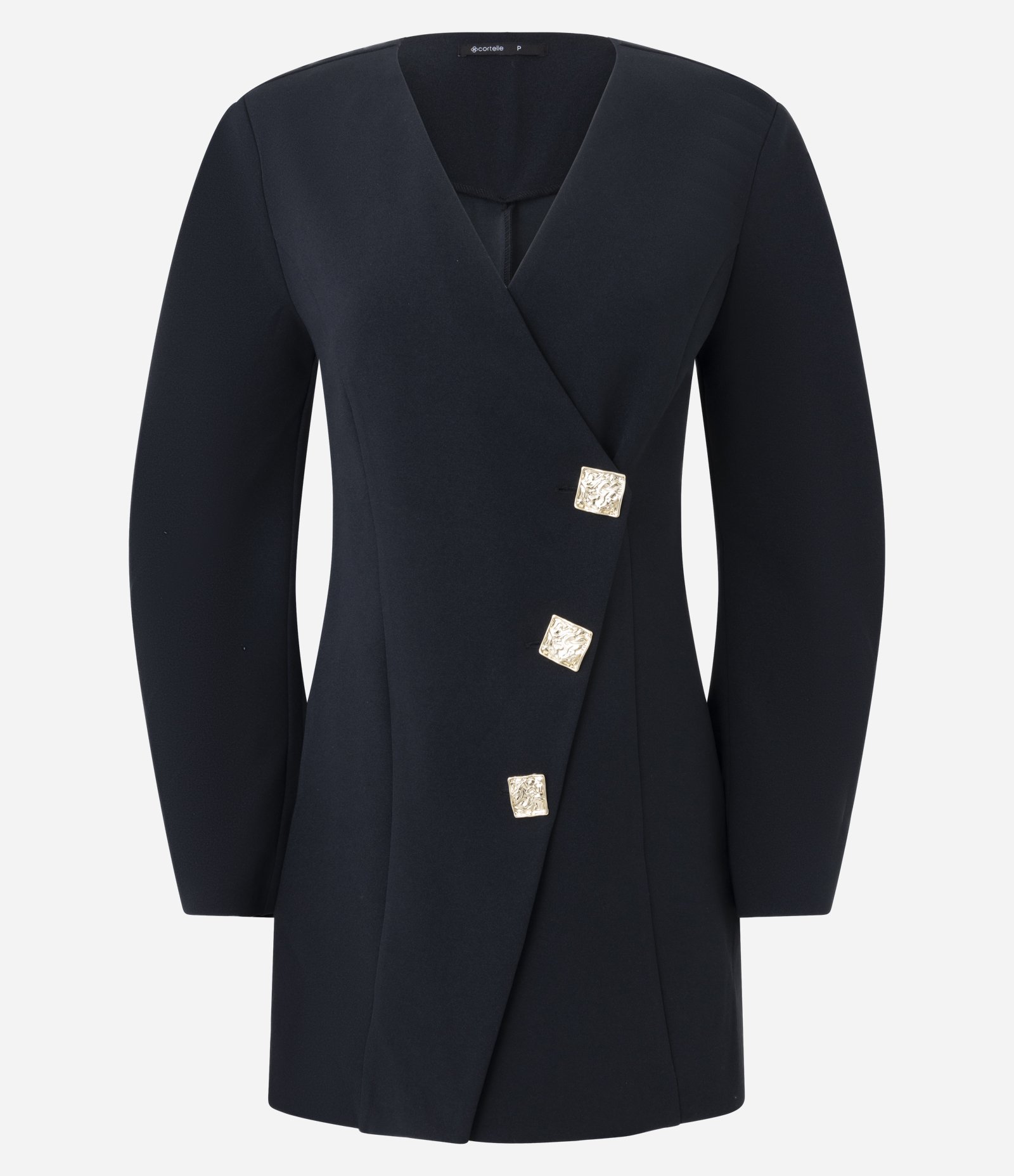 Vestido Curto em Crepe com Manga Ampla e Botões Quadrados Preto 5