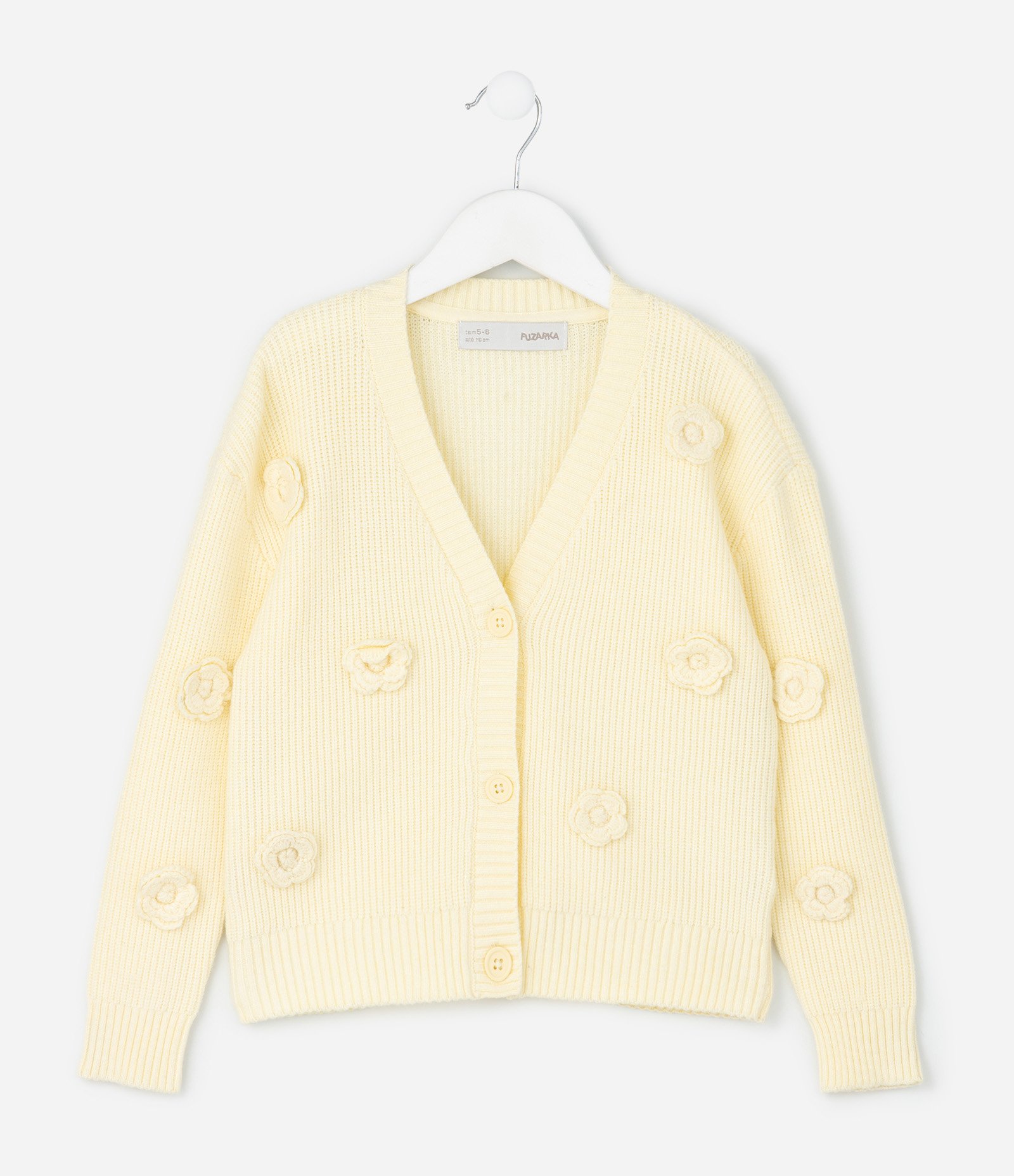 Casaco Cardigan Infantil com Flores em Tricô – Tam 5 a 14 Anos Amarelo Claro 1