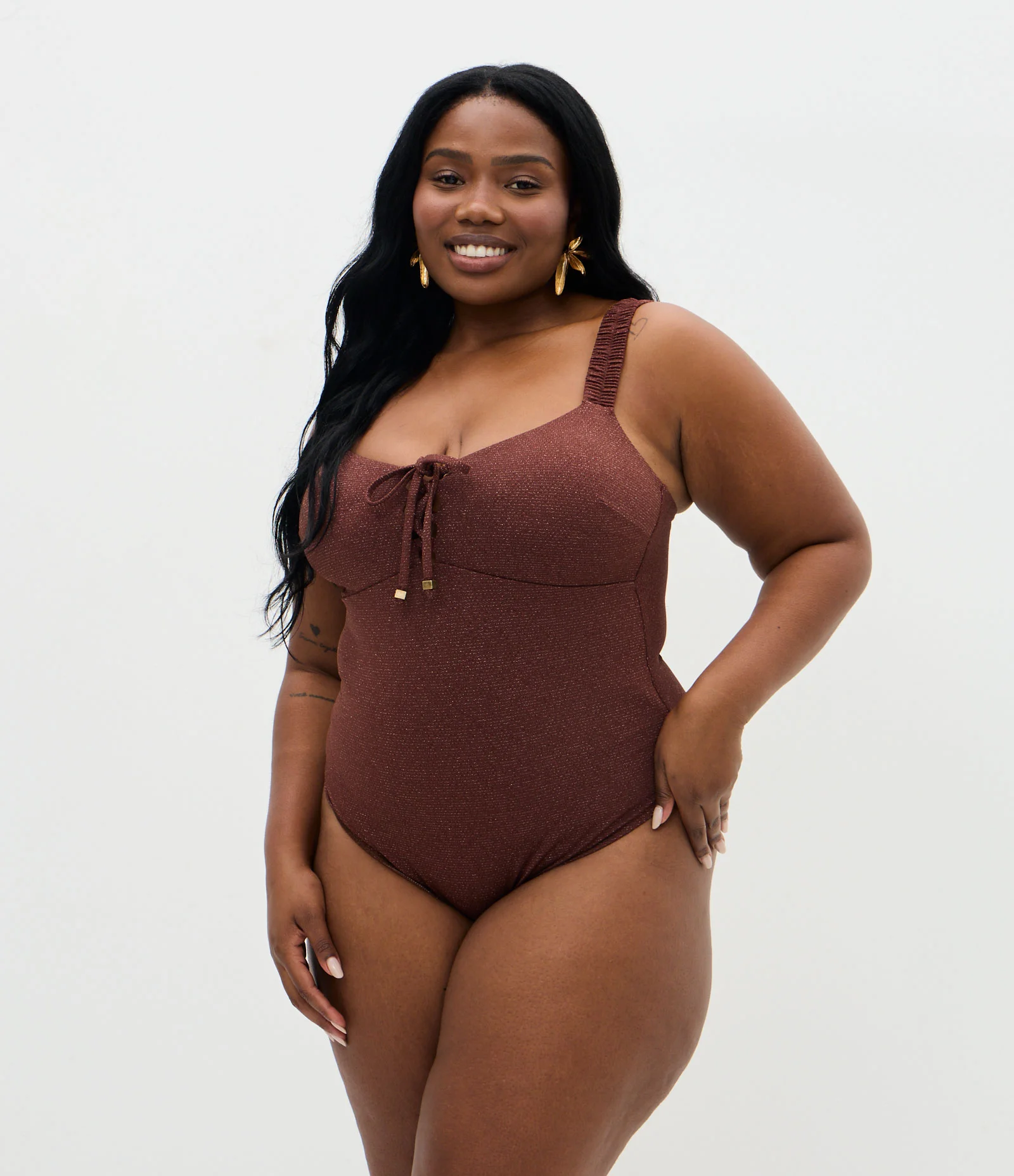 Maio Fio Duplo com Fio Metalizado e Proteção UV Curve & Plus Size Marrom 1