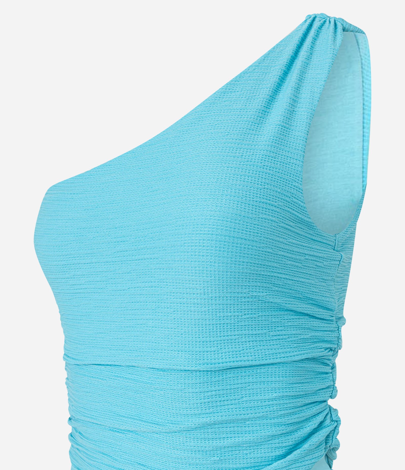 Vestido Long Midi Texturizado com Ombro Só e Franzido Azul 2