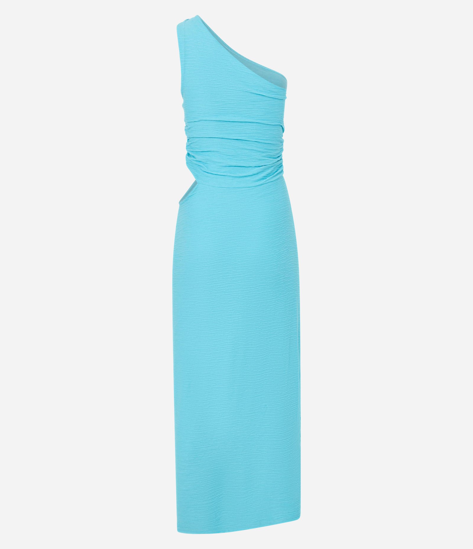 Vestido Long Midi Texturizado com Ombro Só e Franzido Azul 3