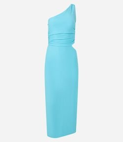 Vestido Long Midi Texturizado com Ombro Só e Franzido