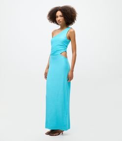 Vestido Long Midi Texturizado com Ombro Só e Franzido