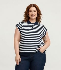 Blusa Boxy em Malha Piquet Listrada e com Gola Polo Curve & Plus Size