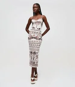 Vestido Midi em Ribana Floral com Alças Finas e Puxadinho no Busto