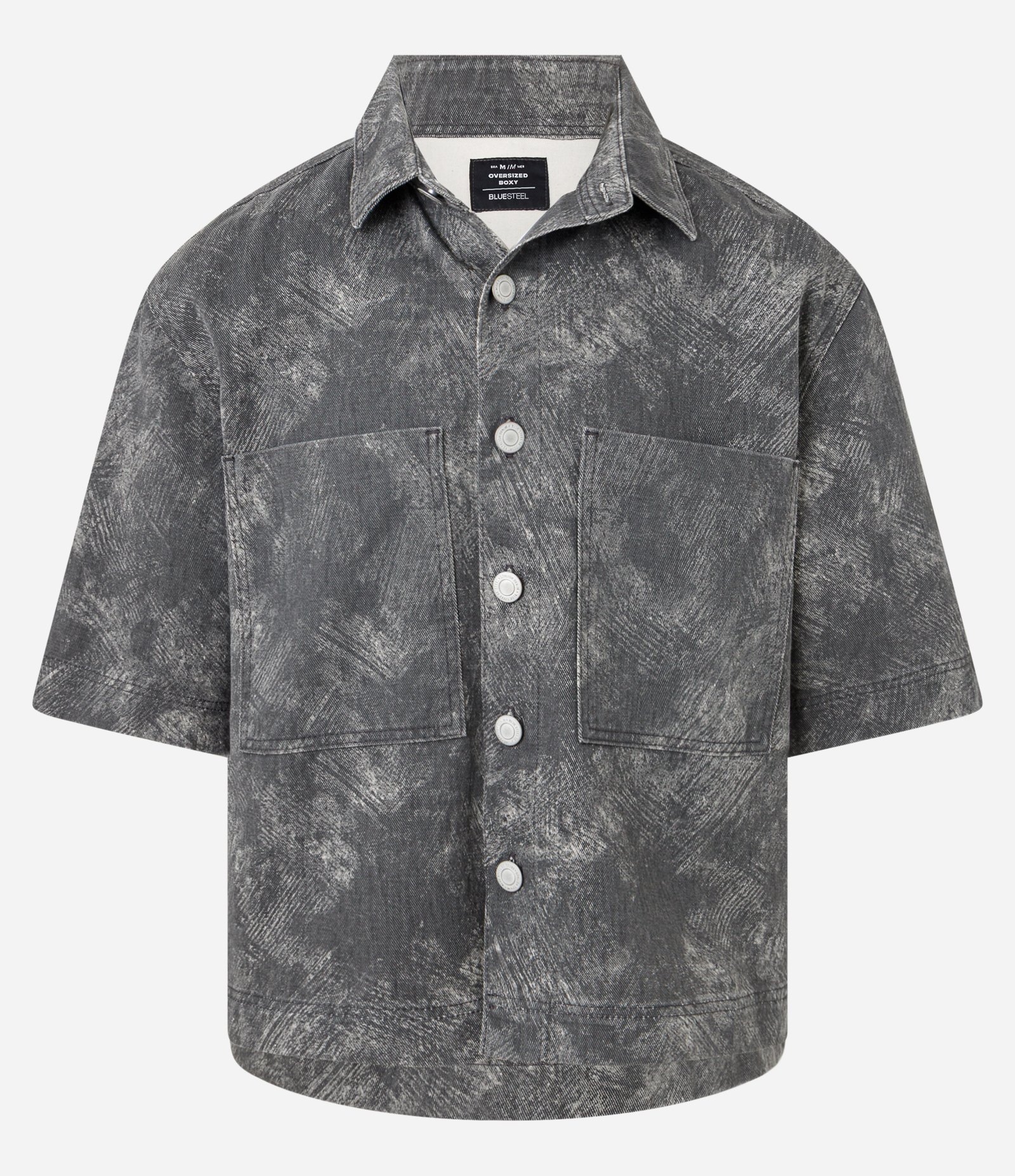 Camisa Oversized Boxy em Sarja com Estampa Marmorizado Abstrata Cinza Chumbo 1