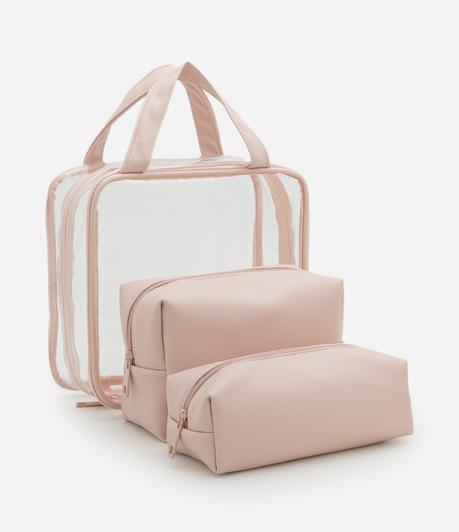 Kit 03 Nécessaires com Transparência e Alça Fixa Rosa 1