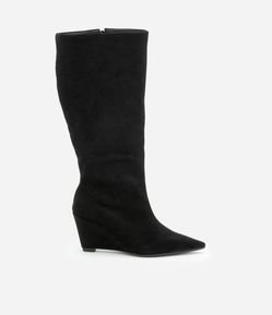 Bota Anabela Cano Médio em Suede com Bico Fino