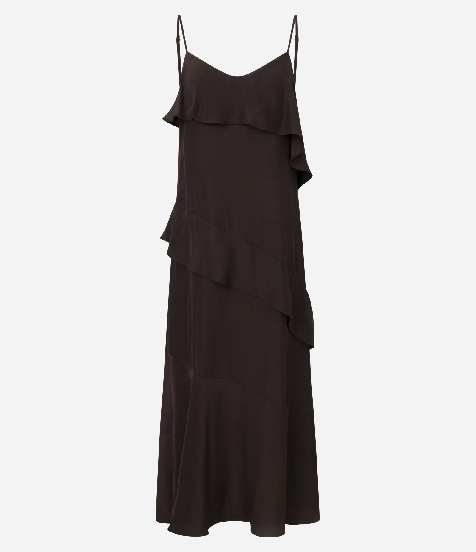 Vestido Midi Acetinado com Alça Fina e Babados Marrom 1