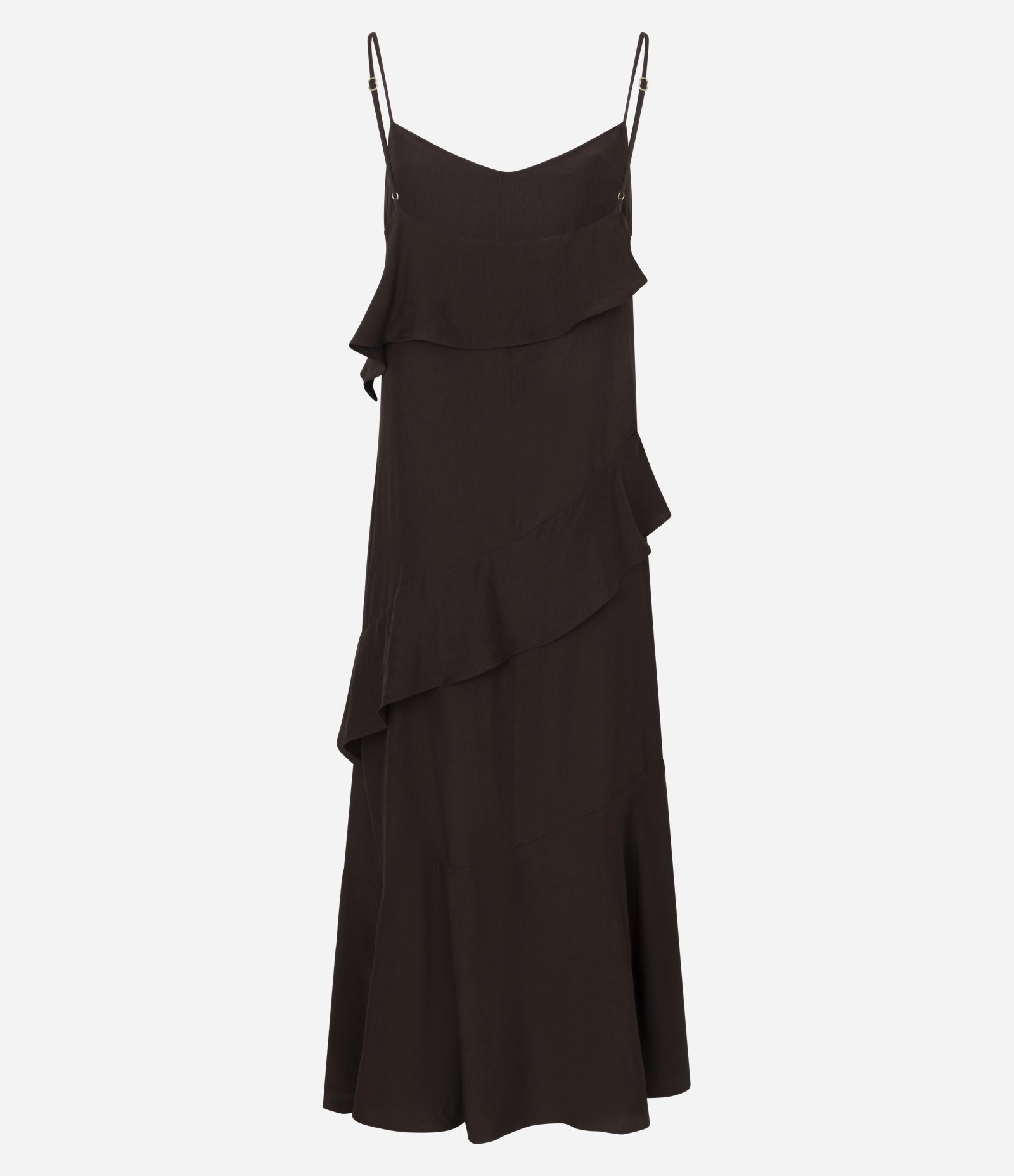 Vestido Midi Acetinado com Alça Fina e Babados Marrom 2