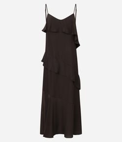 Vestido Midi Acetinado com Alça Fina e Babados