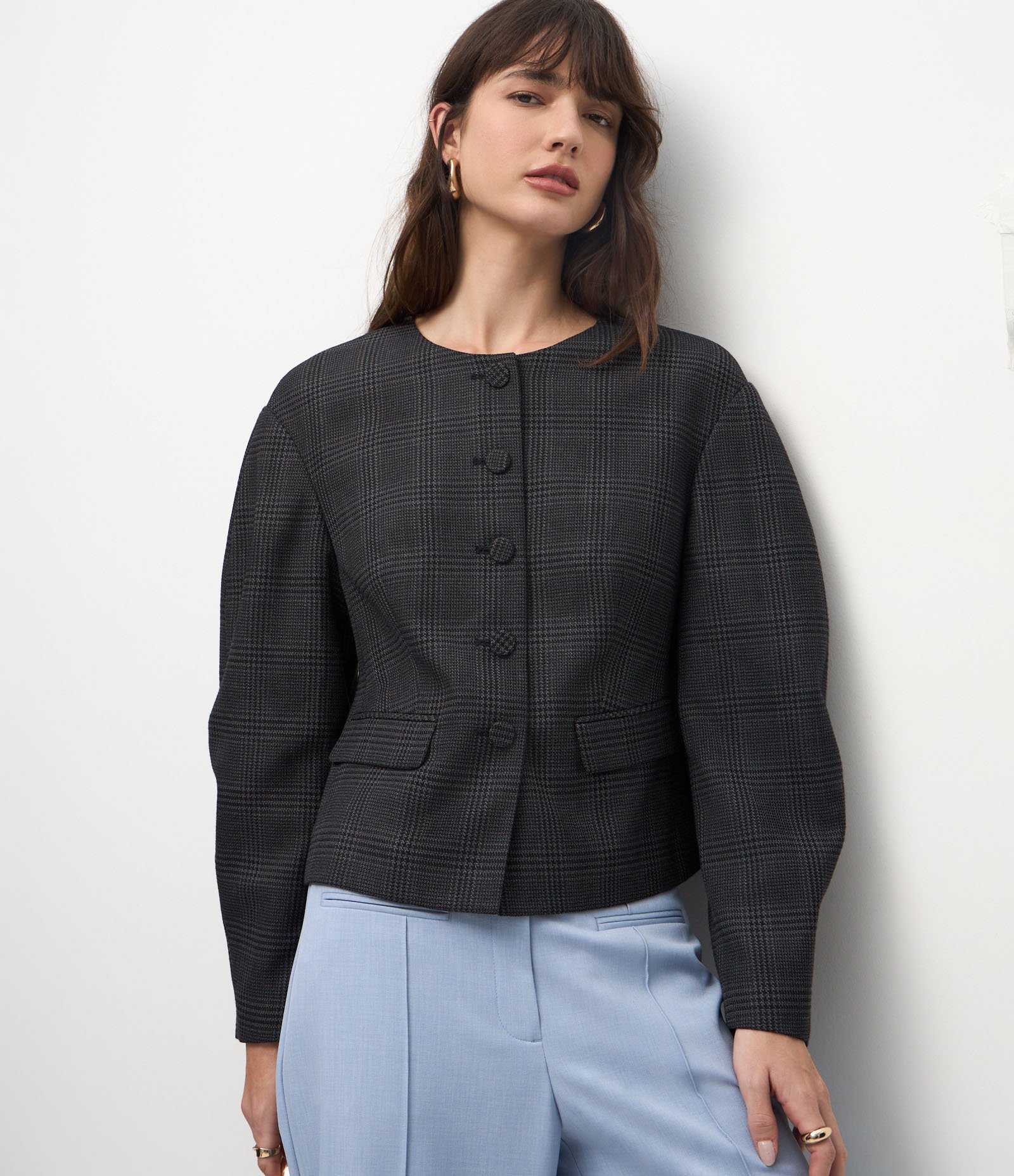 Blazer Alfaiatado Xadrez com Manga Balonê Preto 3