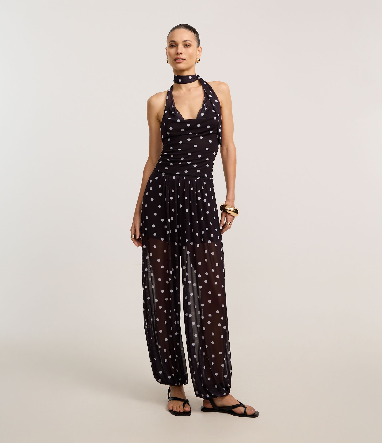 Blusa Frente Única em Tule com Lenço e Estampa Poá Preto 2