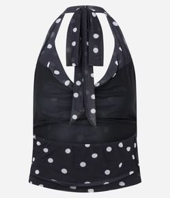 Blusa Frente Única em Tule com Lenço e Estampa Poá