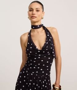 Blusa Frente Única em Tule com Lenço e Estampa Poá