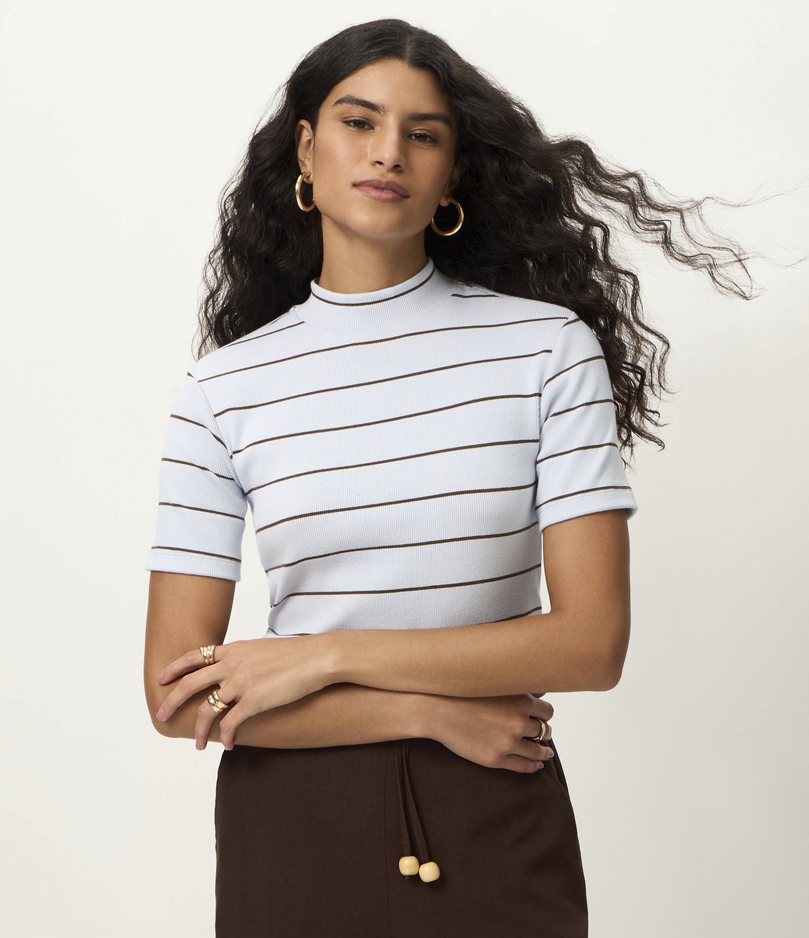 Blusa em Ribana com Golinha Média e Estampa Listrada Azul 1