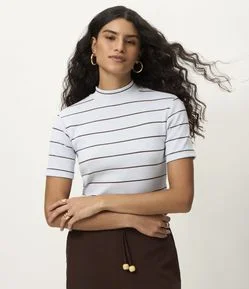 Blusa em Ribana com Golinha Média e Estampa Listrada