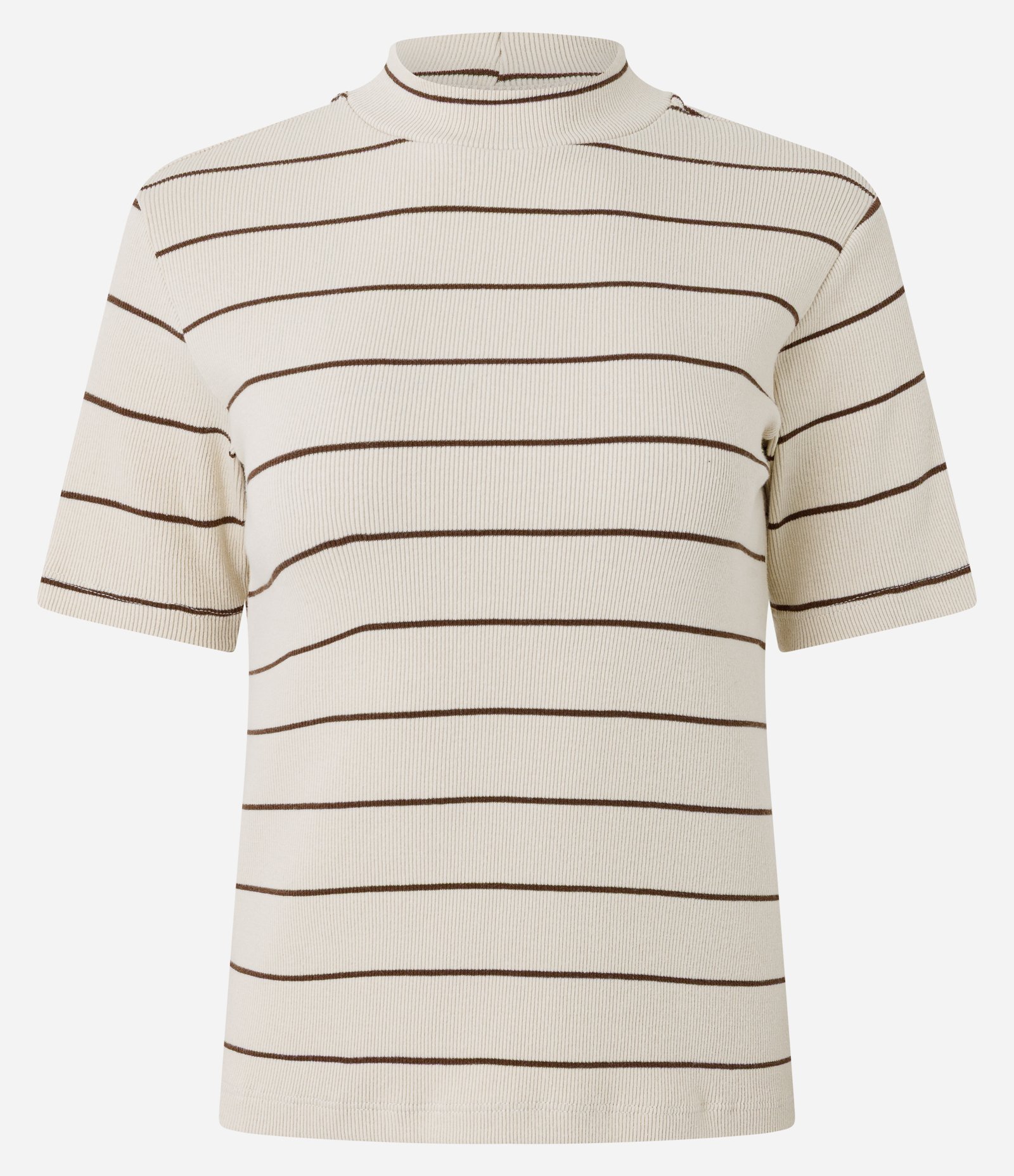 Blusa em Ribana com Golinha Média e Estampa Listrada Bege 1