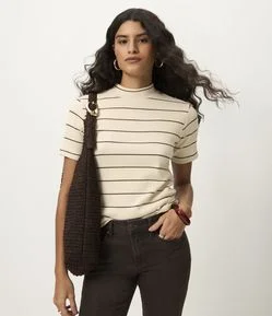 Blusa em Ribana com Golinha Média e Estampa Listrada