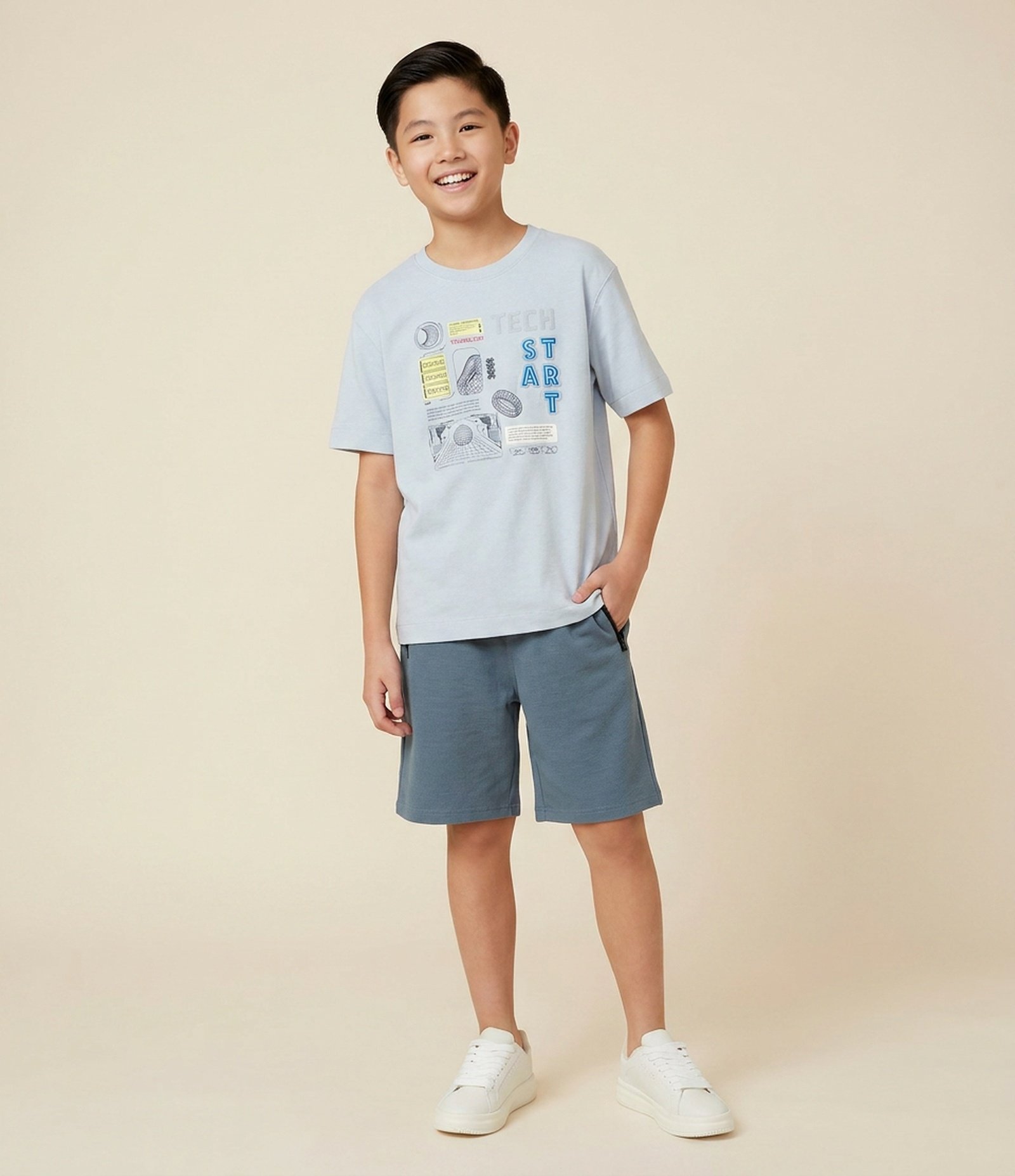 Camiseta Infantil em Interlock com Lettering Tech Start – Tam 5 a 14 Anos Cinza Claro 1