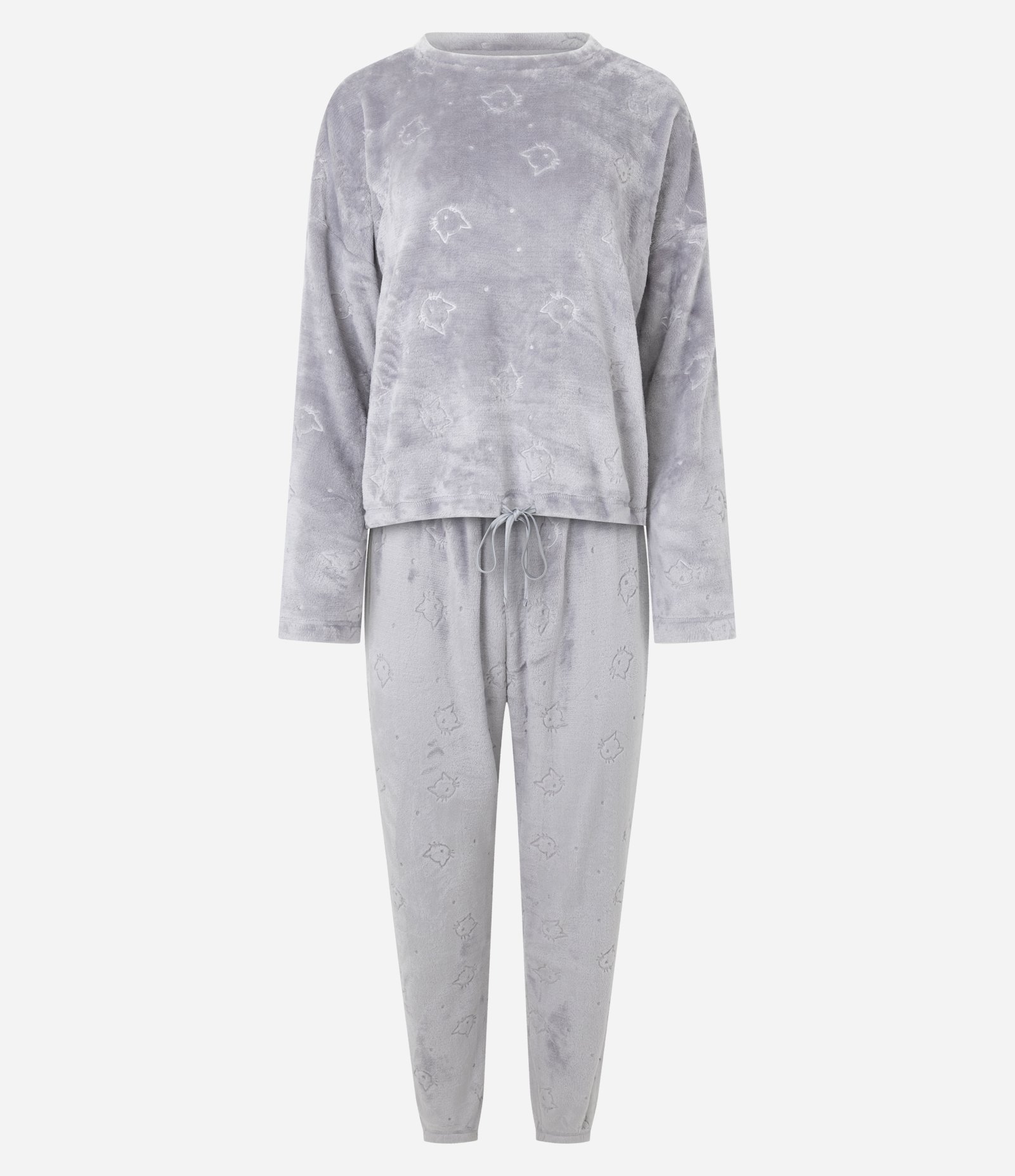 Pijama Longo em Fleece com Textura de Gatinhos Cinza 1
