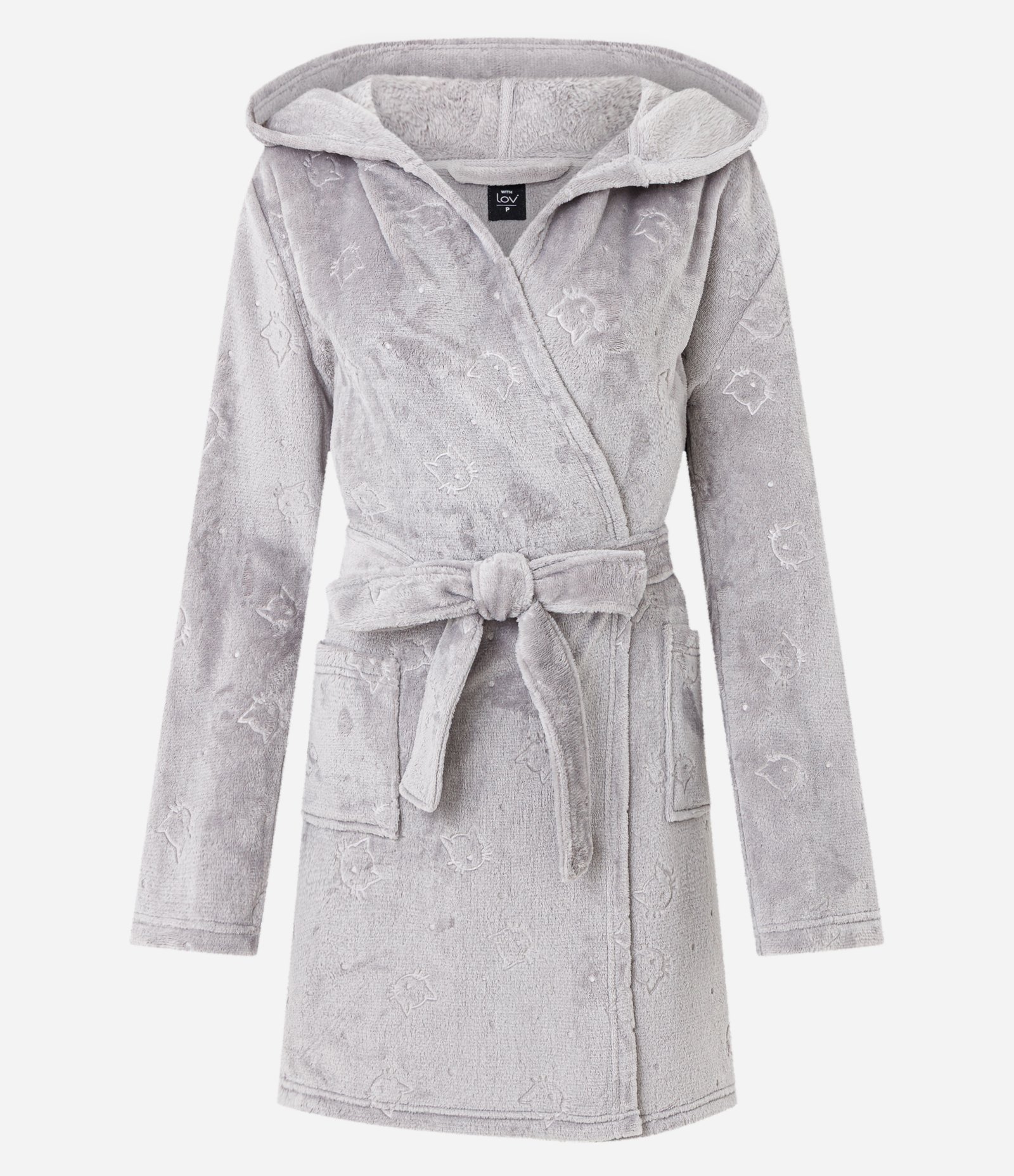Robe em Fleece com Capuz e Textura de Gatinhos Cinza 1