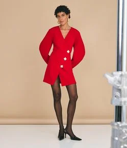 Vestido Curto Transpassado com Botões Aplicados