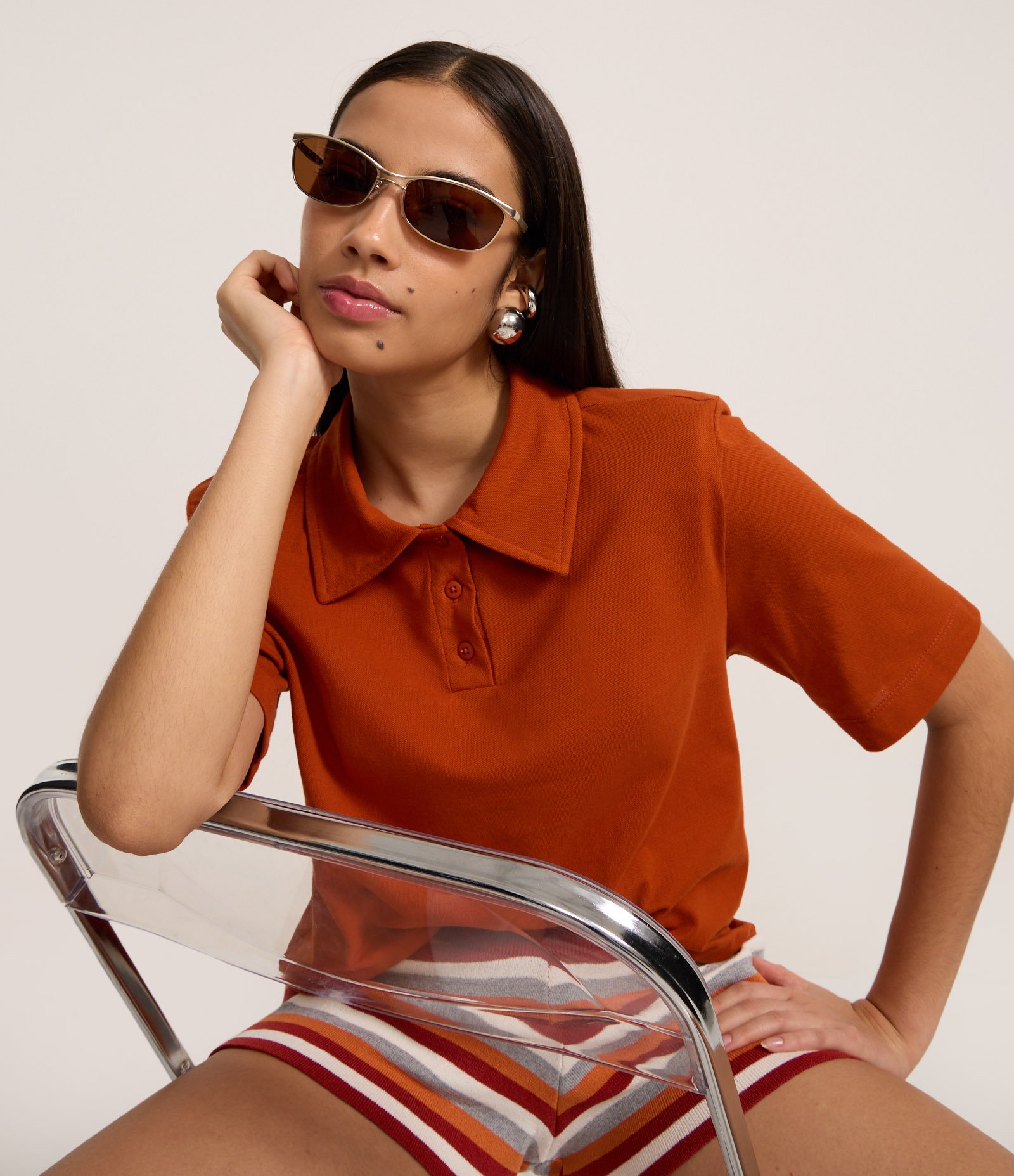 Blusa Manga Curta Piquet em Algodão com Ombreiras Laranja 1