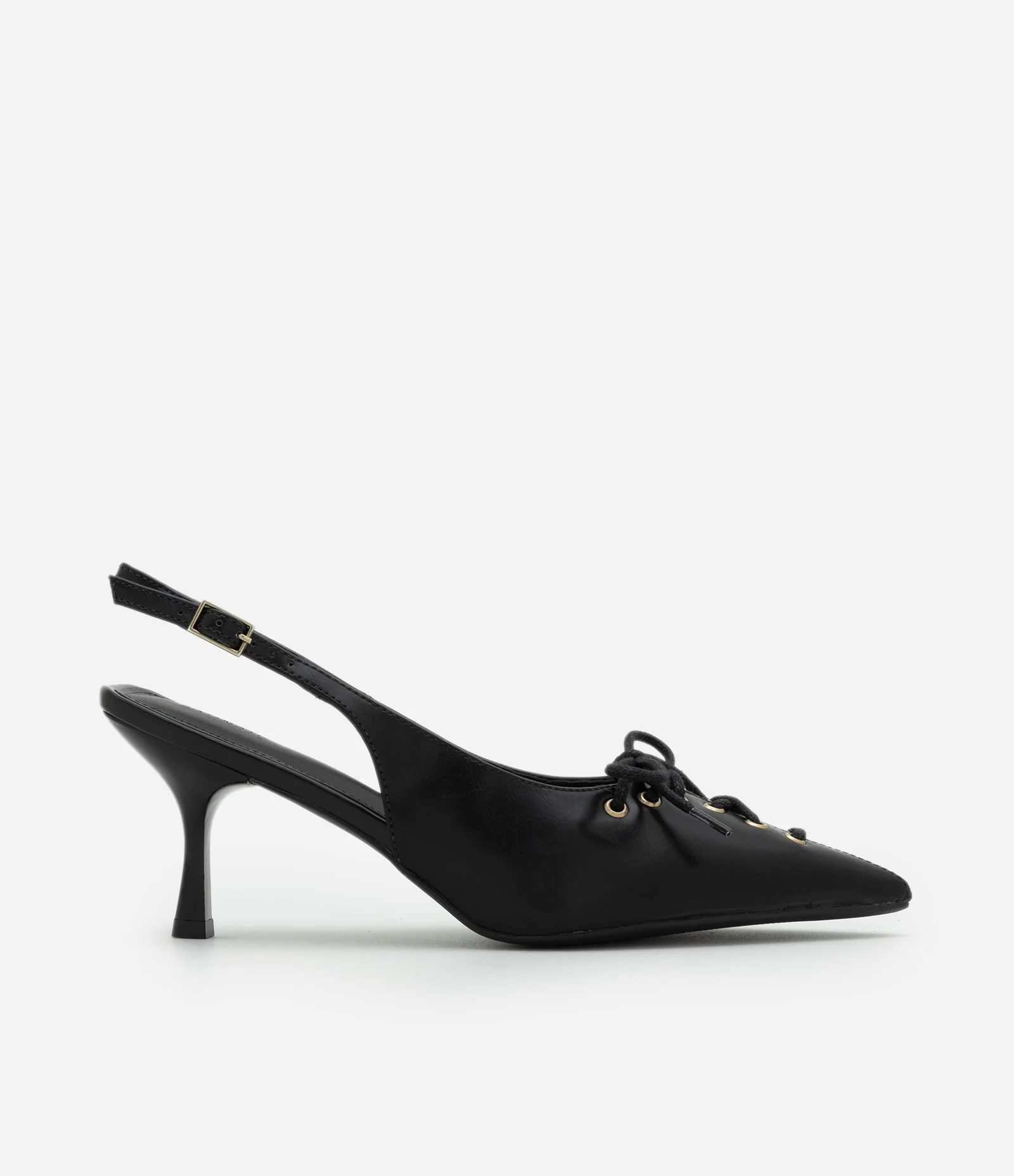 Sapato Slingback com Amarração Frontal e Salto Fino Preto 1