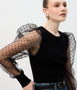 Blusa em Tricô com Manga Bufante Transparente