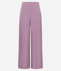 Calça Wide Leg em Ribana com Cós Elástico e Detalhe em V