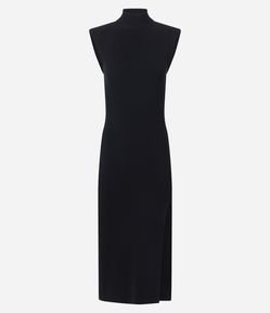 Vestido Midi em Tricô com Ombreira e Fenda Lateral