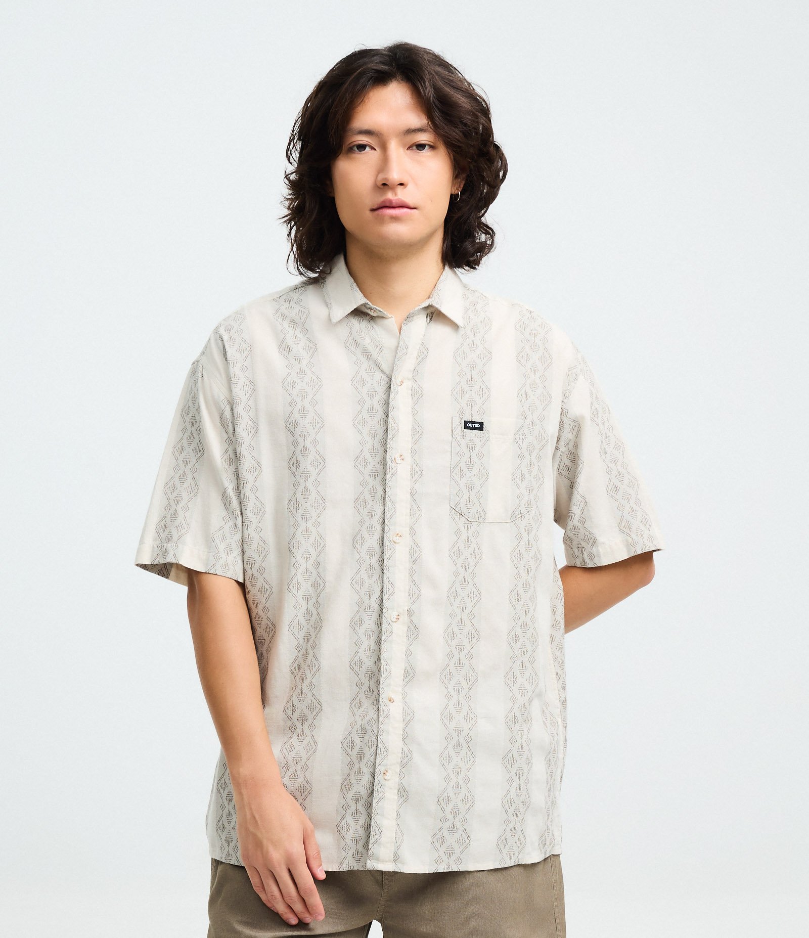 Camisa Relaxed Manga Curta com Textura Jacquard Bege 1