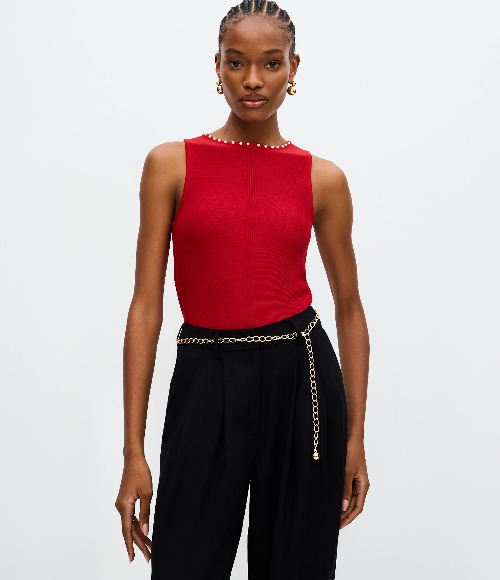 Blusa em Tricô com Aplicação de Mini Pérolas no Decote Vermelho 1