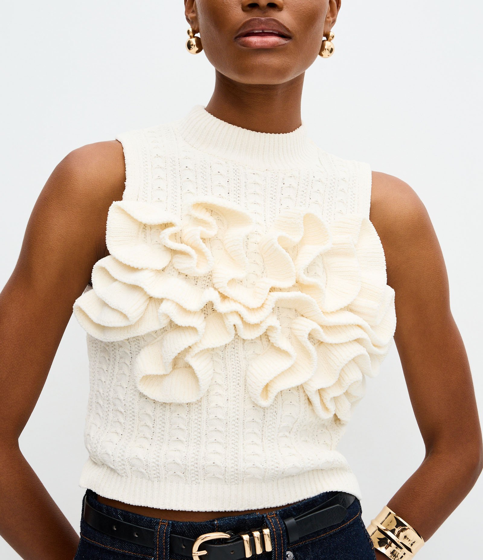 Blusa Curta em Tricô com Aplicação Volumosa de Ondas Branco 4