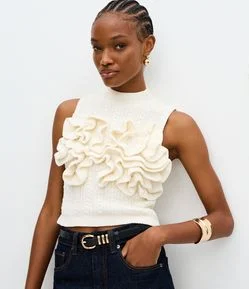 Blusa Curta em Tricô com Aplicação Volumosa de Ondas