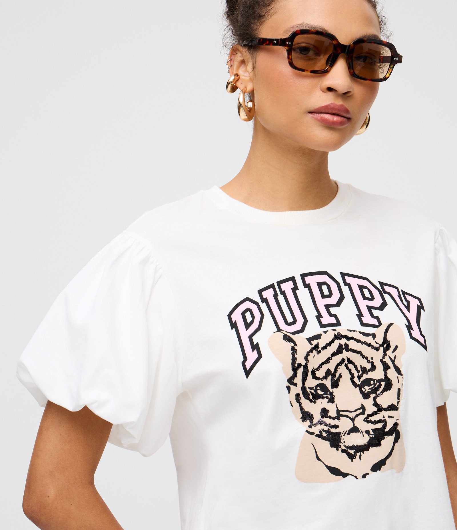 Camiseta com Manga Bufante e Estampa  Lettering Puppy Branco 1