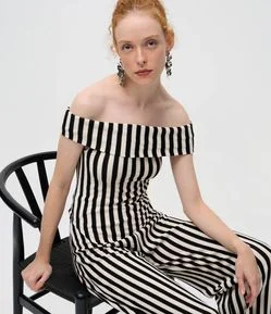 Blusa  Ombro a Ombro Super Curta com Listras Texturizadas