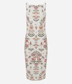 Vestido Canelado com Decote Quadrado e Estampa de Arabesco
