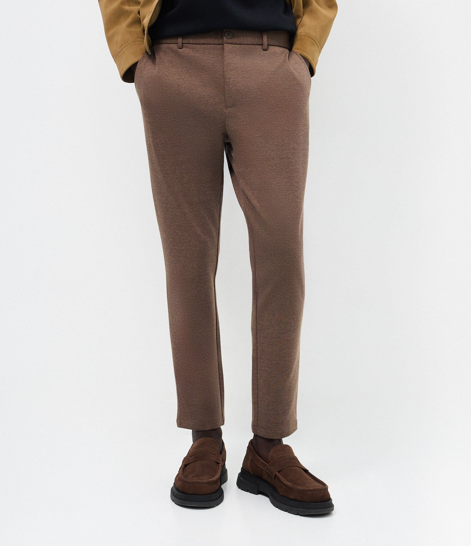 Calça Slim de Malha com Cós Meio Elástico Marrom 2