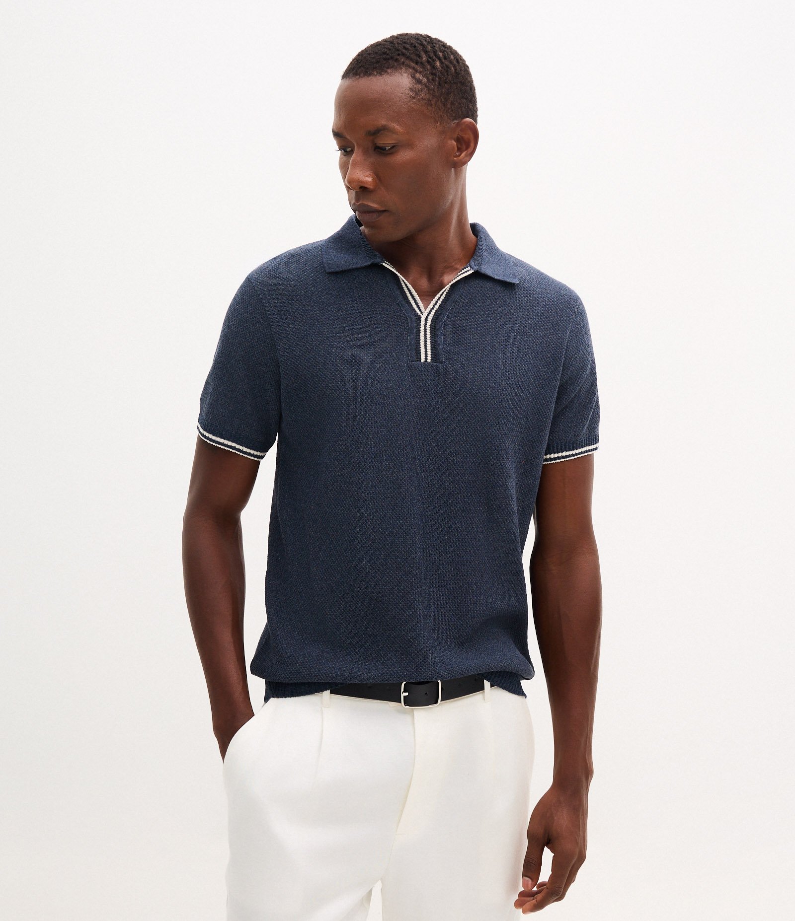 Polo Manga Curta Texturizada com Detalhes Contrastante Azul 1