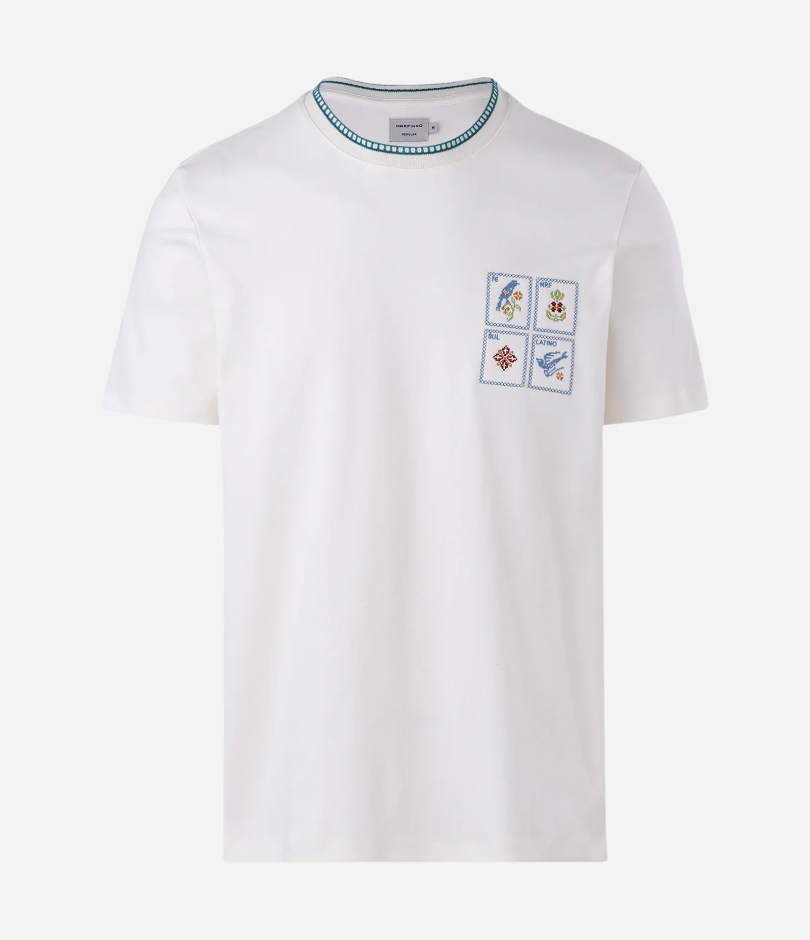Camiseta Manga Curta com Selos Bordados Branco 1